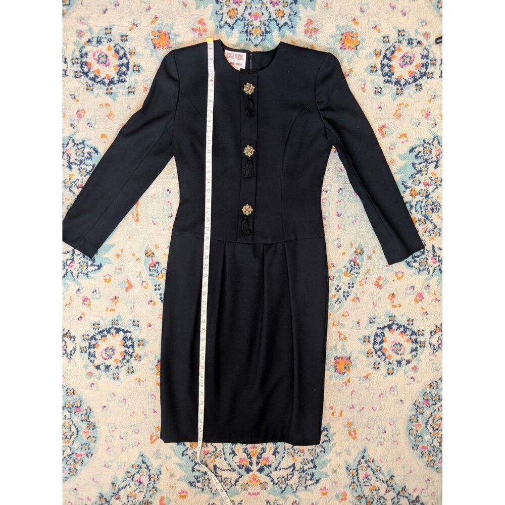 Vintage Maggy London Black Wool Dress W/ Embellished Appliques & Tassels - 4 - Picture 9 of 10